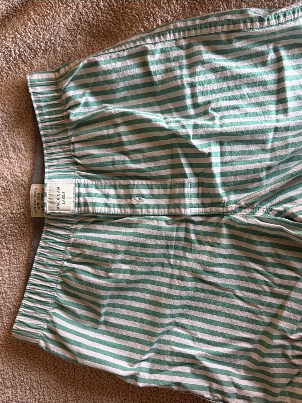 American Eagle Outfitters Green and White Striped Shorts Waistband Detail